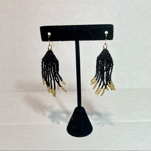 Black and Gold Bead Fringe Earrings - Picture 3 of 3